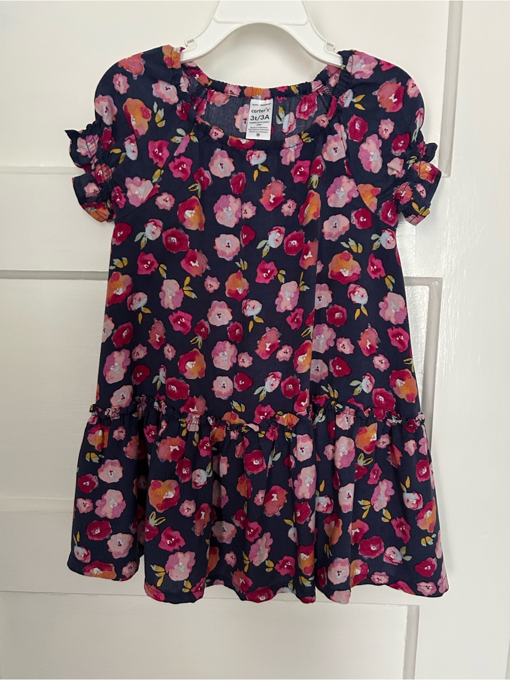 Carter’s Navy Floral Ruffle Hem Dress with Pink & Magenta Blooms Size 3T